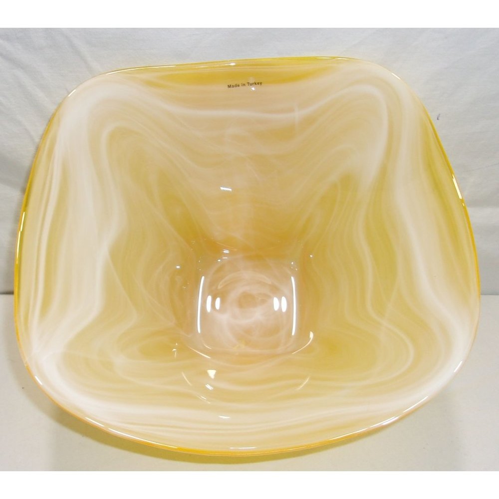 Made in Turkey Yellow/White Swirl Spun Square Bowl w/ Square Base 6" T